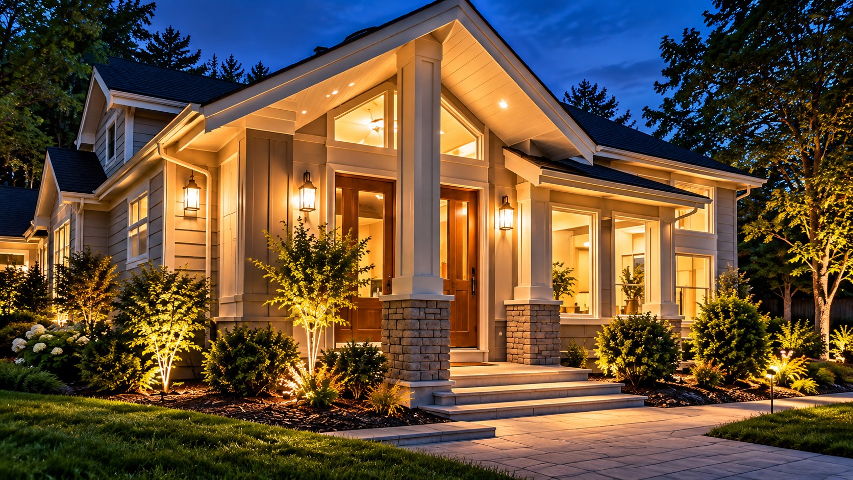 Welcoming home with a landscaped garden and warmly lit porch at dusk